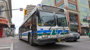 A London Transit Commission bus drives through the intersection of Richmond and Dundas streets in downtown London. (File photo)