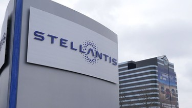 FILE - In this file photo taken on Jan. 19, 2021, the Stellantis sign is seen outside the Chrysler Technology Center, in Auburn Hills, Mich.