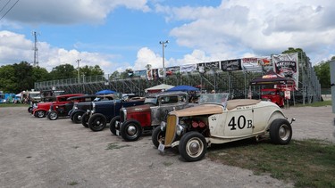 A line of traditional hot rods at the 2022 Jalopy Jam Up