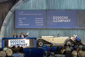 The 1931 Bentley Eight Liter Sports Tourer is pushed off the auction ramp at Gooding & Co.’s 2022 Monterey sale after not reaching its reserve.