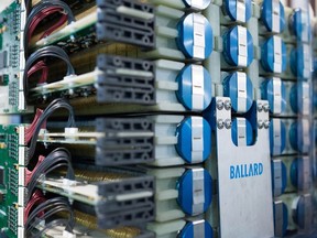 Hydrogen fuel cells stand at the Ballard Power Systems Inc. facility in Burnaby, B.C.