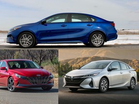 Clockwise from top: The Kia Forte GT-Line; the Toyota Prius Prime; and the Hyundai Elantra