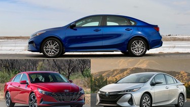 Clockwise from top: The Kia Forte GT-Line; the Toyota Prius Prime; and the Hyundai Elantra