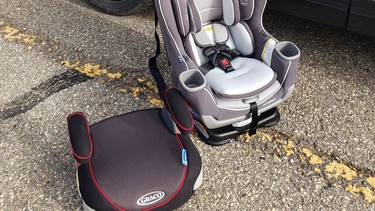 An example of a child seat and a booster seat that members of the Combined Traffic Services Section in southeast Saskatchewan are providing for free when they find an unsafe seat at a roadside stop. Photo provided by RCMP Sgt. Erin Lockyer.