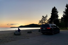 2022 Jeep Wagoneer at sunset at Old Woman Bay, Lake Superior, Ontario