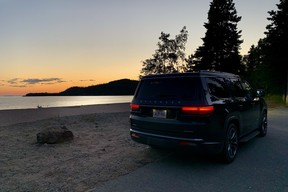 2022 Jeep Wagoneer at sunset at Old Woman Bay, Lake Superior, Ontario