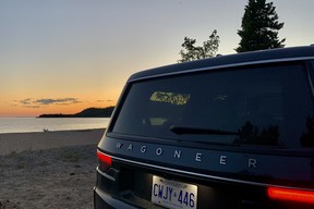 2022 Jeep Wagoneer at sunset at Old Woman Bay, Lake Superior, Ontario