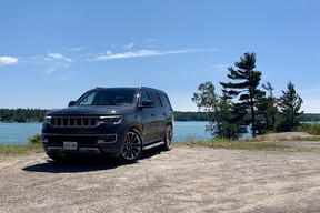 2022 Jeep Wagoneer overlooking St. Joseph Island on the way home from Lake Superior Provincial Park, Ontario