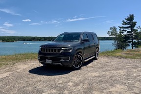 2022 Jeep Wagoneer overlooking St. Joseph Island on the way home from Lake Superior Provincial Park, Ontario