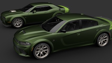 The special-edition 2023 Dodge Challenger R/T Scat Pack Swinger (rear) and 2023 Dodge Charger R/T Scat Pack Swinger models