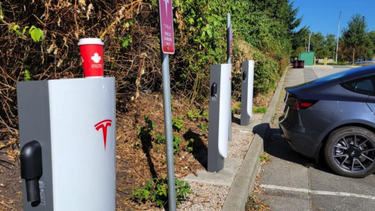 A Tesla Supercharger station in Surrey, B.C. with the chargers' cables cut