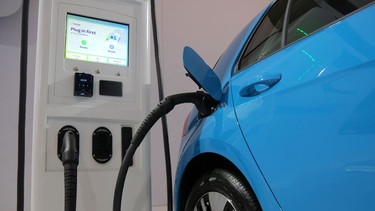 An electric vehicle charging station at the Volkswagen display at the Canadian International AutoShow in Toronto.
