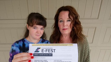 Shannon Campbell with daughter Sophia Borghetto in Tsawassen , BC., August 21, 2022. Campbell spent almost $420 on tickets to take her daughter, a big car-racing fan, to enjoy the Formula E event scheduled to take place in Vancouver in the summer of 2022. Since the event was cancelled, she has not been able to get a refund. Photo: Arlen Redekop.