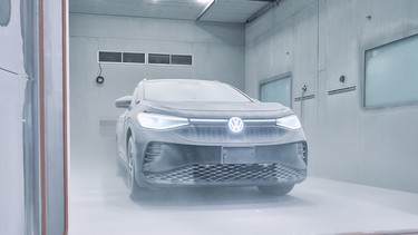 A VW ID.4 gets the cold treatment during testing at the automaker's new battery engineering lab in Tennessee.
