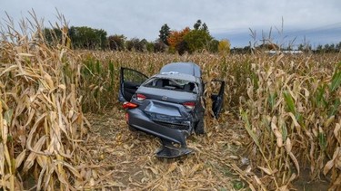 The driver of this Toyota Corolla was seriously injured in a collision with an Audi S4 that had been pursued by Strathroy-Caradoc police on Oct. 14, 2020. (SIU supplied photo)