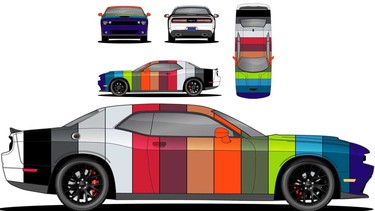 The multi-coloured wrap available on the 2023 Dodge Challenger