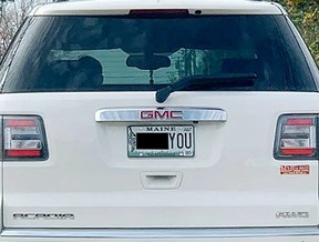 An obscene Maine license plate photographed in 2019 by resident Derek Volk