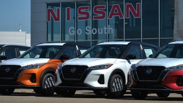 Nissan vehicles parked outside a Nissan dealership in South Edmonton, Alberta, on Wednesday, 24 August 2021.