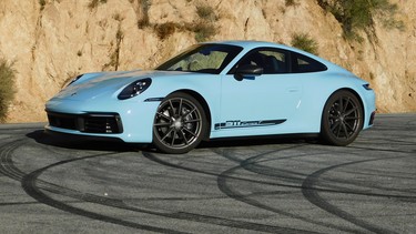 The 2023 Porsche 911T takes a break on the Angeles Crest Highway outside of Los Angeles.