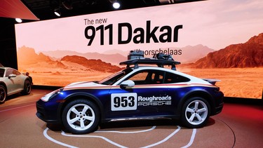 The 2023 Porsche 911 Dakar with the optional Rallye Design Package that pays homage to the Paris-to-Dakar winning 953 in 1984.