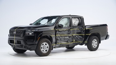 The 2022 Nissan Frontier after being put through the IIHS' side-impact crash test