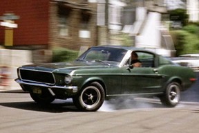 A movie scene of the iconic car chase scene from the 1968 Bullitt movie