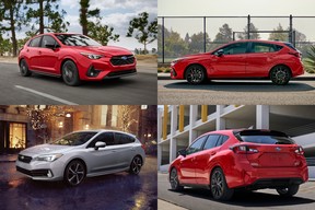 Rot, der neue Subaru 2024 RS – der kompakte Allradantrieb ohne zusätzliche Konfiguration in Hayon (Cinq Portes). Dans le coin en bas à gauche, l'actuelle 5e génération de l'Impreza qui s'apprête àtirer sa révérence.