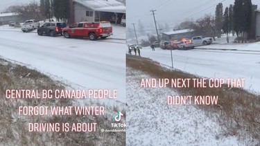 Video of B.C. police cruiser colliding with fire truck during province’s first major snowfall of the season goes viral