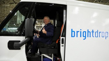 Ontario Premier Doug Ford sits behind the wheel of ZEVO 600 during the opening of automaker General Motors (GM) Brightdrop unit's CAMI EV Assembly, Canada's first full-scale electric vehicle manufacturing plant, in Ingersoll, Ontario, Canada December 5, 2022.