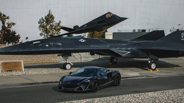 A McLaren with the Lockheed Martin-designed "Darkstar" from "Top Gun: Maverick" and an F-117 Nighthawk stealth fighter