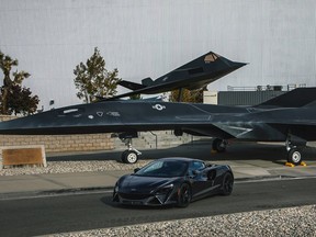 A McLaren with the Lockheed Martin-designed "Darkstar" from "Top Gun: Maverick" and an F-117 Nighthawk stealth fighter