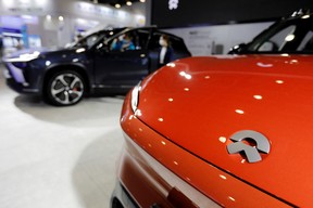 Nio electric vehicles (EVs) are displayed at its booth during the China International Fair for Trade in Services (CIFTIS) in Beijing, China September 1, 2022