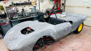 Airdrie resident Brandon Hegedus had built the chassis of his 1966 Ferrari Dino 206S/SP sports prototype racing car when we talked to him in September, 2022, and he’s since carved a buck, taken a mould, and laid out his carbon fibre body.