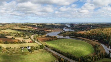 A panoramic view of Farm Fields, near New Glasgow, Prince Edward Island, during a sunny day