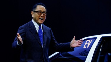 Toyota Motor Corp President Akio Toyoda gestures at an event for Toyota GAZOO Racing and LEXUS at Tokyo Auto Salon 2023 at Makuhari Messe in Chiba, east of Tokyo, Japan, Jan. 13, 2023.
