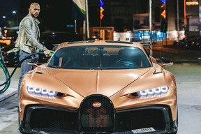 Tate fueling a Chiron, presumably the one seized by Romanian authorities investigating human-trafficking allegations.