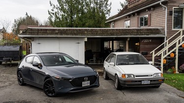 A 2023 Mazda Mazda3 and a late '80s Mazda 323 GTX