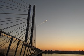 View of the cable-stayed structure of the new Samuel de Champlain Bridge linking Montreal and Brossard, Quebec