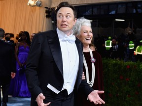 Elon Musk and his mother Maye Musk arrive for the 2022 Met Gala at the Metropolitan Museum of Art on May 2, 2022, in New York