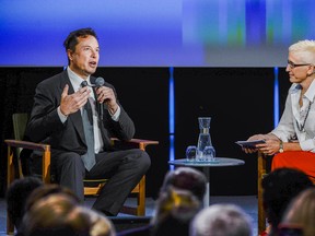 Tesla CEO Elon Musk speaks with presenter Xenia Wicket at the Offshore Northern Seas 2022 (ONS) meeting in Stavanger, Norway on August 29, 2022