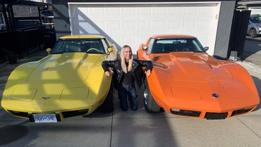 Leanne Dale with the 1973 and 1979 Corvettes bought new by her late father.
