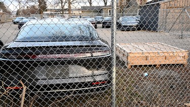A Lucid Air EV and battery pack are waiting for service at the Coldwater repair center in Michigan