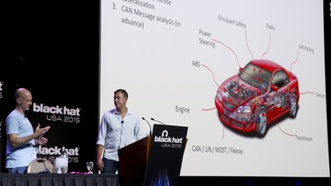 Charlie Miller (L) and Chris Valasek give a briefing during the Black Hat USA 2015 cybersecurity conference in Las Vegas, Nevada August 5, 2015