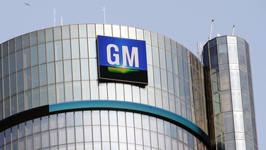 The General Motors logo on the world headquarters building is shown September 17, 2015 in Detroit, Michigan