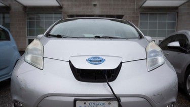 An electric Nissan Leaf is parked outside WEtech Alliance's Mobility Day at the Automobility and Innovation Centre, on Thursday, March 23, 2023.