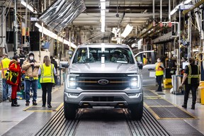 Ford celebrating production of the 40-millionth F-Series for U.S. customers, a 2022 F-150 Tremor in appropriate Iconic Silver, rolling off the line on Wednesday, January 26, 2022 at the Dearborn Truck Plant in Michigan