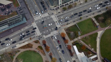 An intersection in downtown Toronto seen from the sky