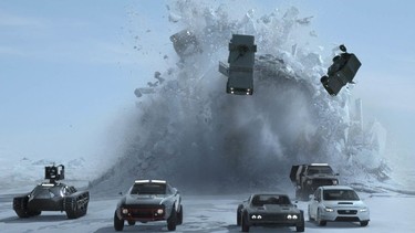 In this car crash scene from "F8 of the Furious," a massive submarine smashes through ice and flips some cars