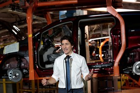 Canadian Prime Minister Justin Trudeau addresses the media during a tour of the Stellantis Windsor Assembly Plant in Windsor, Ontario, Canada, on January 17, 2023