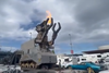 Long BC Ferries line improved by robotic fire-breathing dinosaur